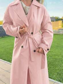 Jeta Ari 女式休闲日常翻领双排扣风衣，秋季 - 粉色 - 查看 3