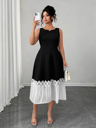 Elenzga 大码优雅黑白撞色蕾丝边连衣裙