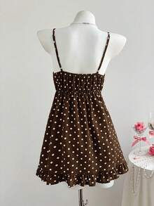 Comfortcana 女士棕色波点印花荷叶边系带吊带连衣裙 - 棕色 - 查看 2