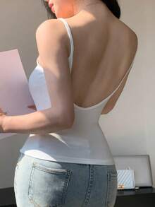 DAZY 女士休闲百搭纯色修身露背吊带背心，夏季款 - 白色 - 查看 7