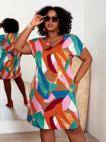 BrightlyHer Plus Size Colorful Floral Print Batwing Sleeve Casual Vacation Dress,Summer Outfits For Women / Summer / Summer Clothes,Boho Women Clothing - Multicolor - View 6