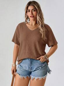 Freevana Plus Size Waffle Knit Batwing Sleeve T-Shirt - Brown - View 5