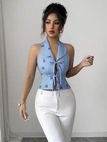 Elenzga Women's Bow Tie Striped & Printed Design Large Scarf Collar Sleeveless Front Bow Tie Fastening Placket Elegant Blouse - Multicolor - View 8