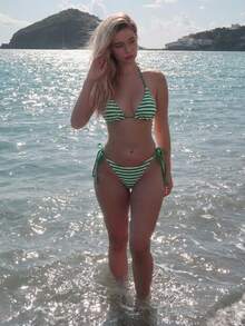 Turnttoni Bộ đồ bơi bikini gợi cảm kẻ sọc buộc dây đi biển mùa hè cho nữ - màu xanh lá - Xem 5