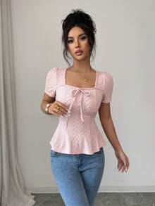 Franclia 女士纯色扭结设计时尚百搭日常短袖T恤 - 粉色 - 查看 6