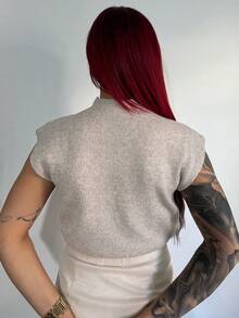 Bearsaez 优雅高领宽松休闲百搭无袖针织毛衣背心外出上衣女秋冬上学上衣 - 杏色 - 查看 3