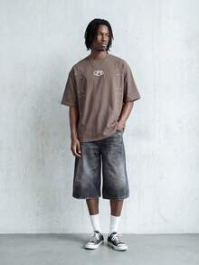 ROMWE MEN Essentials 男士休闲日常圆领印花短袖T恤 - 咖啡棕 - 查看 2