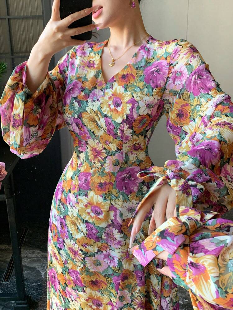 Women's Elegant Commuter Floral Print Lantern Sleeve Dress Sundress Boho