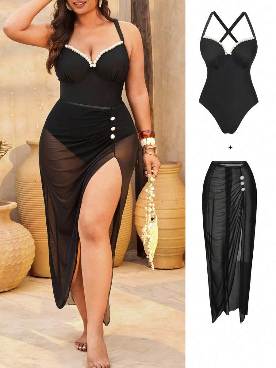 Swim Oasis New Elegant Plus Size One-Piece Swimsuit + Sarong Skirt Two Pieces Set For Beach Vacation, Black Elegant Pearl Decor Slimming Plus Size One-Piece Swimsuit, Slimming One-Piece Swimsuit + Sarong Skirt - Black - View 1