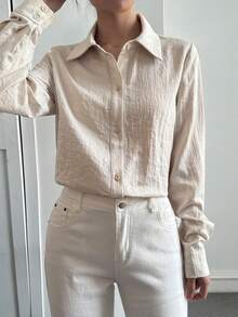 DAZY Women's Casual Loose Fit Long Sleeve Shirt, Suitable For Summer, Holidays, Commuting, Spring, Easter - Khaki - View 7