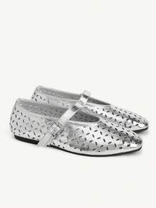 CUCCOO CHICEST Zapatos planos de mujer con puntera redonda, cómodos, tipo Mary Jane, con patrón láser vintage simple, para primavera, vacaciones de primavera, Pascua y Navidad - Plateado - Ver 9