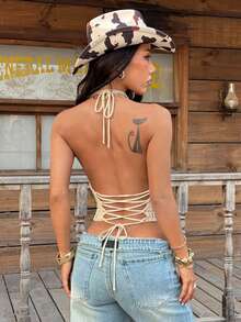 Muchica 女士性感亮片吊带针织背心，带系带 - 白色 - 查看 2