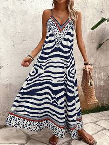 SHEIN PETITE 女士斑马纹V领无袖A字连衣裙，优雅休闲度假通勤时尚约会街头复古百搭派对连衣裙，春夏秋季 - 藍白色 - 查看 7