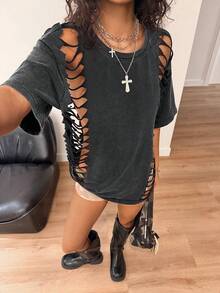 Muchica Y2k T-Shirt  Round Neck Distressed Fashionable Versatile Short Sleeve - Black - View 6