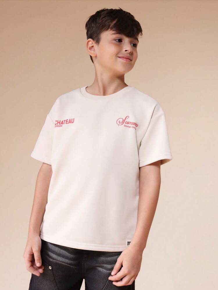 Camiseta Gráfica de Manga Curta com Gola Careca Estilo Vintage para Meninos Pré-Adolescentes com Estampa de Castelo da Marca, Árvore de Palma e Carro Oversized