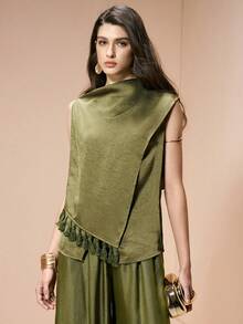 Aveloria Modichic Elegant Olive Green Summer Women's Dress,Glossy Fabric Tassel Trim Turtleneck Bohemian Vacation Outfits,Versatile Tea Party Stylish Everyday Wear - Olive Green - View 3