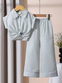 SHEIN Playful Pals 两件套女童条纹翻领无袖开衫上衣和直筒裤套装 - 綠色 - 查看 7