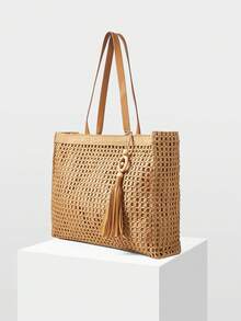 MOTF WOMEN'S TOTE BAG, STYLISH WOVEN HOLLOW SHOULDER BAG - Light brown - View 2