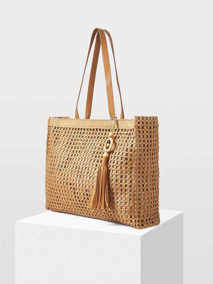 MOTF WOMEN'S TOTE BAG, STYLISH WOVEN HOLLOW SHOULDER BAG - Light brown - View 2