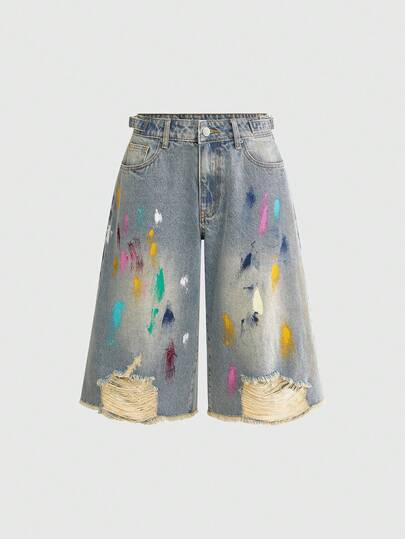 ROMWE Jeans versátiles para mujer de color azul claro con lavado de graffiti y estilo casual de festival de música Y2K
