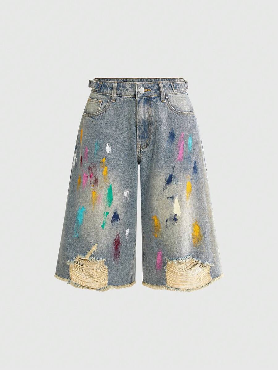 ROMWE Y2K Music Festival Casual Street Graffiti Spray Washed Light Blue Versatile Women Jeans - Light Wash - View 1