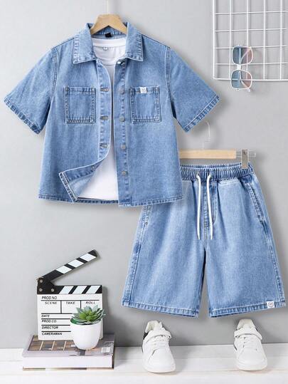 Conjunto de mezclilla informal para niños talla grande, nuevo conjunto de mezclilla lavada en azul claro, de estilo minimalista y versátil para el verano