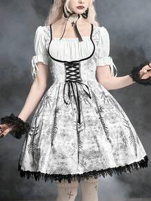 ROMWE Spring/SummergraphicGothic Lolita Skeleton & Thorn Print Contrast Lace Trim Fitted A-Line Skater Dress, Spring/Summer - White - View 8
