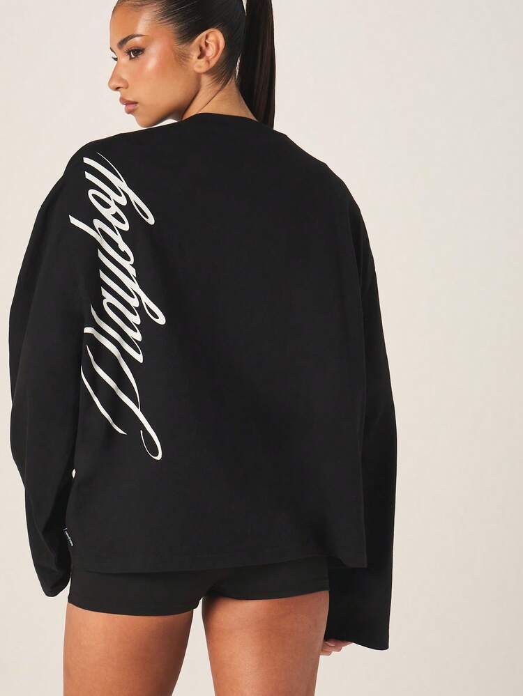 Missguided x Playboy Women's Oversized Long Sleeve Graphic T-Shirt With Vertical Script Text Print Black Casual Top