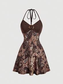 SHEIN MOD 女士吊带露背复古夏季无袖迷你连衣裙 - 棕色 - 查看 4