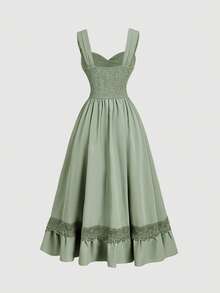 Skyraze Women's Sage Green Summer Modest Garden Party Dress,Sweetheart Neck Lace Trim Strappy Elegant Mid-Length Tea Party Wedding Guest Graduation Dresses - Green - View 5