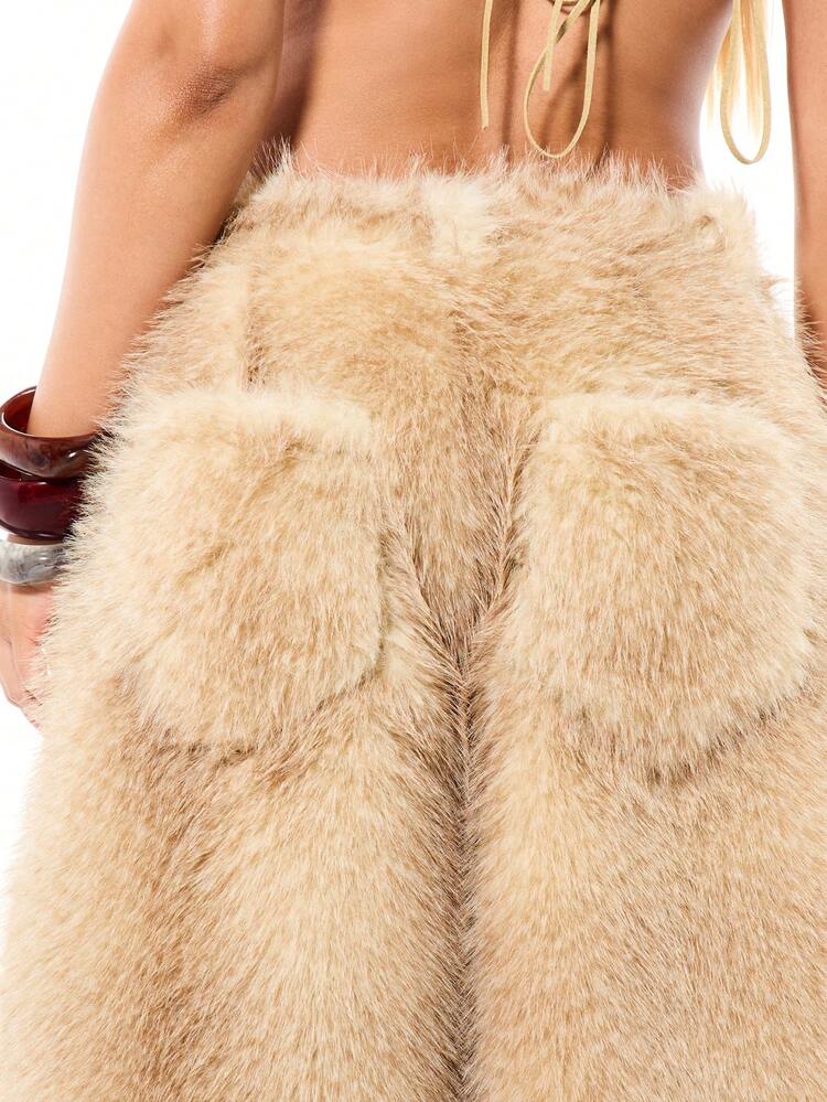 SUMWON WOMEN Beige Faux Fur Wide Leg Jorts