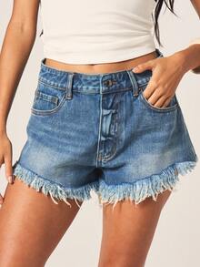 MISSGUIDED High Rise Frayed Hem Denim Shorts With Raw Edge Detail For Summer Casual Everyday Wear - Blue - View 2