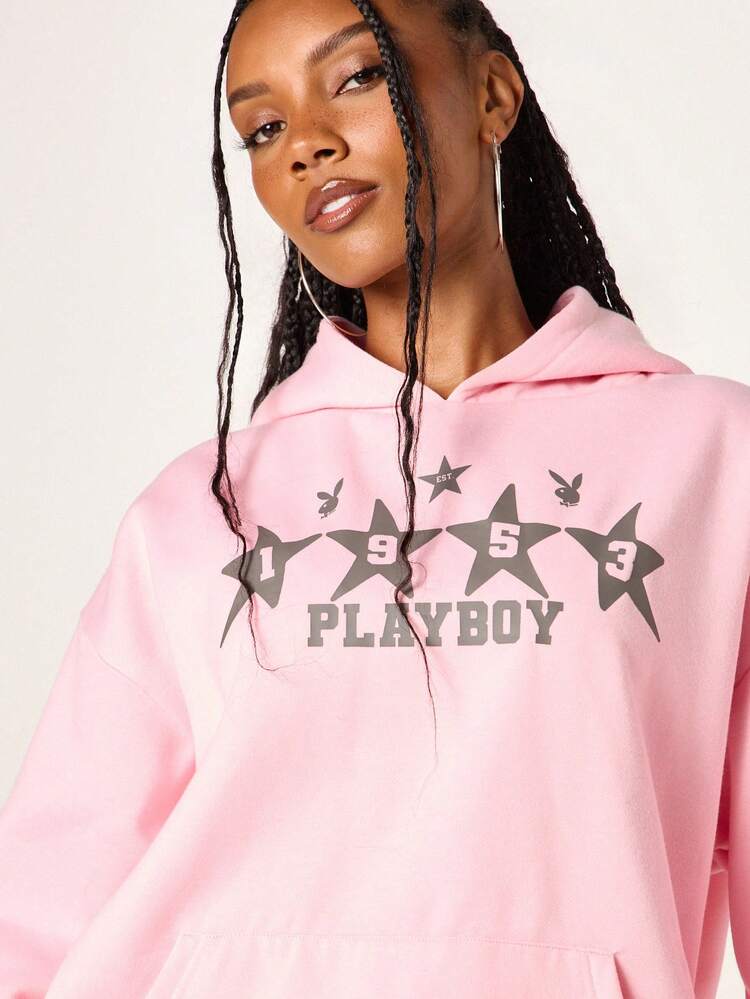Missguided x Playboy Women Oversized Pink Hoodie With Star Logo Chest Print Long Sleeve Casual Streetwear Pullover Sweatshirt
