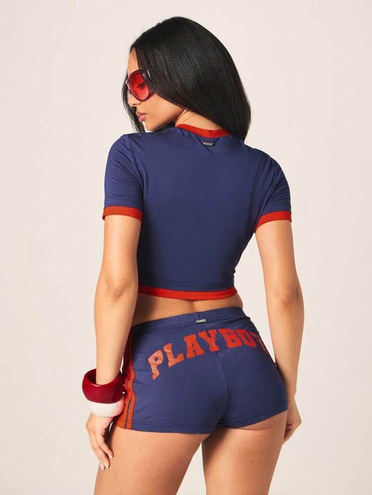 Missguided x Playboy Women's Navy Blue Logo Booty Shorts With Red Side Stripes High Rise Athletic Fitted Hot Pants Casual Sporty Summer