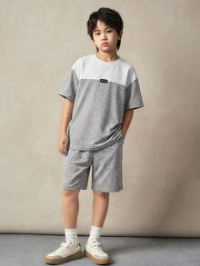 2pcs/Set Tween Boy Color Block Round Neck Short Sleeve T-Shirt And Shorts Set,White Summer Casual Vacation Outfit,School Daily Casual Wear Sports - Grey - View 3