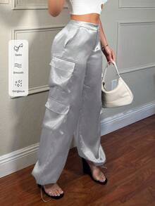 SHEIN SXY Pantalones cargo de twill de moda callejera con bolsillos 3D para mujeres - Plateado - Ver 6