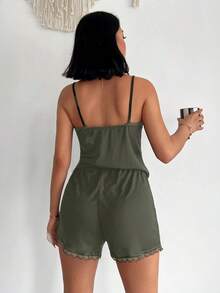 RueChic 95% Cotton Women's Lace Edge Cami Pajama Set - Khaki - View 2