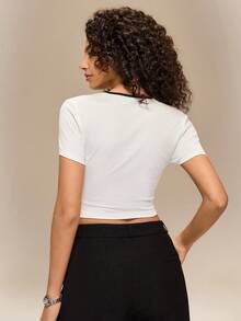 Hanevo Summer Casual Contrast Color Front Button Fitted Cropped Shirt - Multicolor - View 2