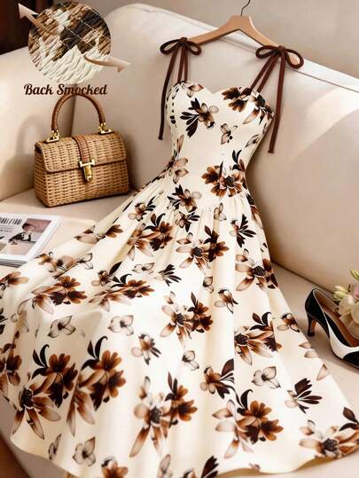 GlowEve Women's Apricot Base Brown Floral Pattern Spaghetti Strap Waist A-Line Dress, Elegant And Charming For Vacation, Commute, Music Festival, Date, French Bohemian, Beach, Street, Versatile, Spring/Summer, Apricot Brown New Sleeveless Dress