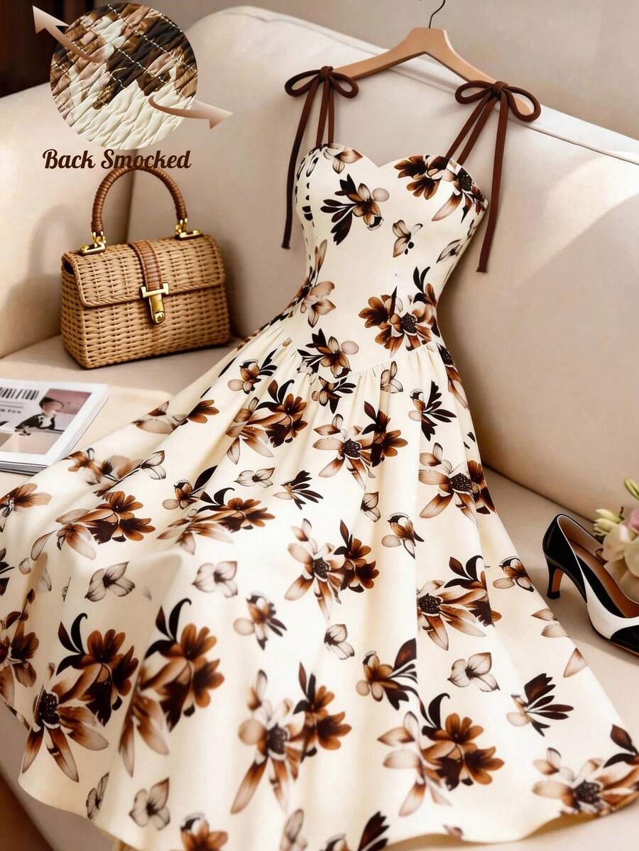 GlowEve 女士杏色底棕色碎花吊带A字连衣裙，优雅迷人，适合度假、通勤、音乐节、约会、法式波西米亚风、海滩、街头等场合，百搭实用，春夏新款杏色无袖连衣裙 - 彩色 - 查看 1