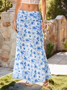 KARISMINA Women's Casual Elegant Romantic Vacation Printed A-Line Skirt, Blue Ladies' Skirt - Blue and White - View 6