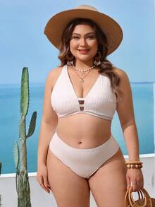 Swim Lushoire 大码女士纹理加粗肩带度假比基尼上衣 - 白色 - 查看 3