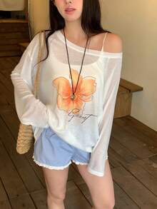 DAZY Women's Floral & Letter Print Oblique Shoulder Casual Versatile Daily Wear Long Sleeve T-Shirt - White - View 7