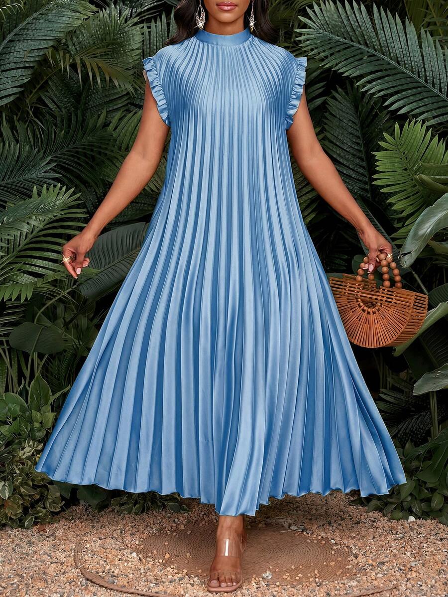 SHEIN Lady 大码春夏秋冬优雅派对婚礼鸡尾酒会波西米亚海滩金色立领编织荷叶边A字连衣裙长裙 - 藍色 - 查看 1