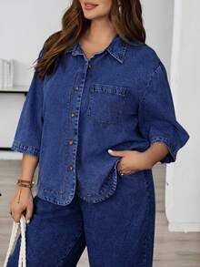 EMERY ROSE EMERY ROSE Blusa vaquera casual versátil de manga 3/4 con botones delanteros para tallas grandes - Azul lavado oscuro - Ver 9