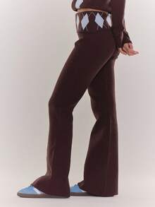 MUSERA Quần ống loe ôm dáng dệt kim họa tiết Argyle, cạp gập, thoải mái, thường ngày, thích hợp mặc vào mùa thu đông xuân. - Cà phê nâu - Xem 3