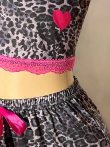 Sexy Leopard Print Contrast Color Lace Trim Camisole & Pants Women Sleepwear Set Cute Lounge Set Two Piece Night Set Woman 2 Piece Set Leopard Print Lounge Set Pink Trim Pajama Set - Multicolor - View 10