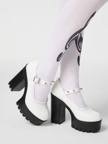 ROMWE Goth Giày cao gót đế dày ren gợi cảm dành cho nữ, kiểu dáng thời trang xuân/thu, màu trơn, đính đinh tán kim loại, khóa cài, gót cao, mũi thấp, thích hợp cho mùa thu Giáng sinh. - Chantilly - Xem 4