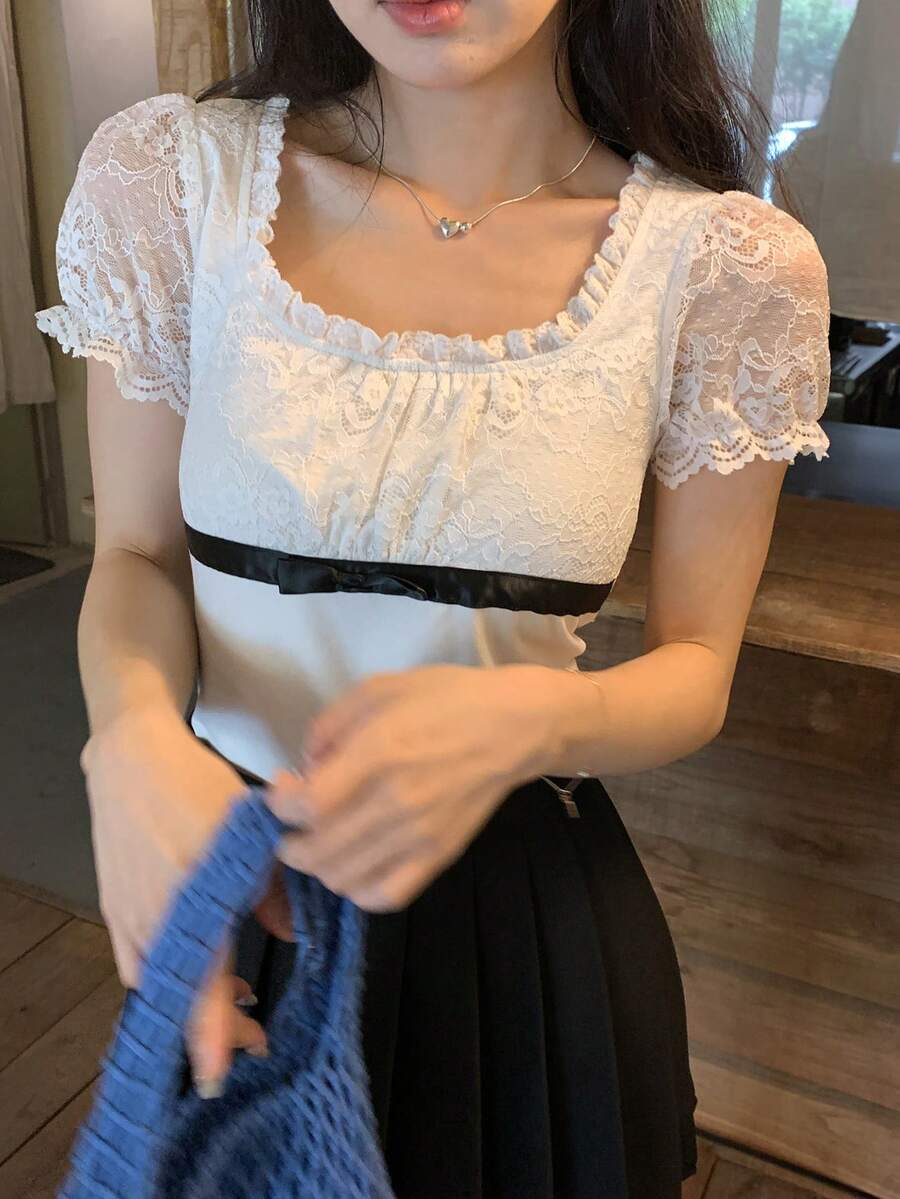 DAZY 女士蕾丝短袖优雅T恤 - 白色 - 查看 1