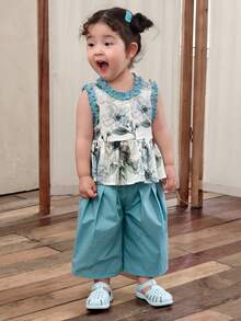 Dazy Kids Infant/Toddler Girls' Vacation All-Over Print Korean Style Sleeveless Shirt & Pants Set - Baby Blue - View 1
